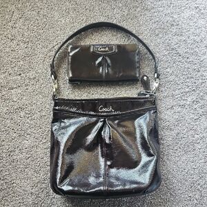 Coach Glossy Dark Brown Shoulder Bag and Wallet Set